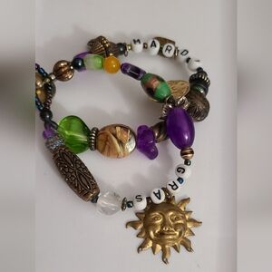 Vintage Czech Mardi Gras Charm Bracelet Glass Beaded Sun Face Celestial Estate